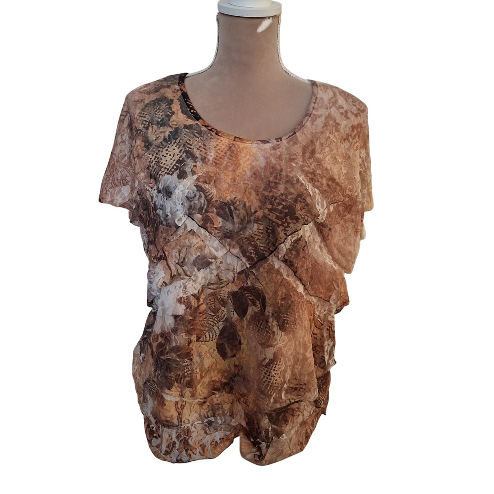Notations Woman 1X Brown Lace Tiered Short Sleeve Blouse Abstract Fairy Grunge